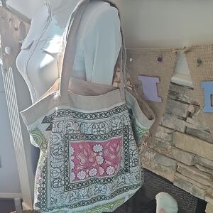 Boho Floral Canvas Tote Bag - Pink & Beige
